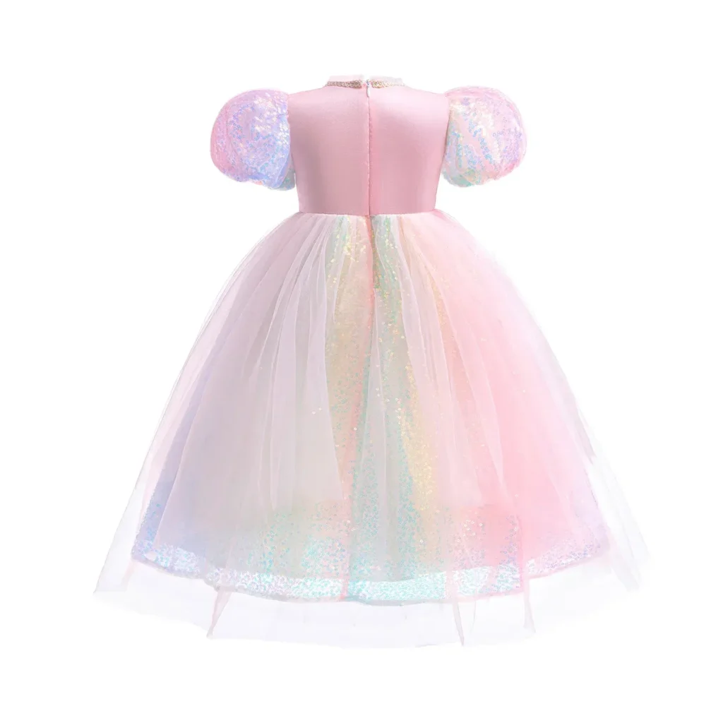Kid Size: 4T, Color: GRAY – Girls’ New Pearl Gradient Sequin Colored Gemstone Mesh with Bubble Sleeves Princess Dress Halloween Mermaid Cosplay Dress
