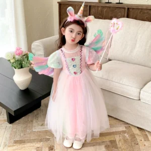 Kid Size: 4T, Color: GRAY - Girls' New Pearl Gradient Sequin Colored Gemstone Mesh with Bubble Sleeves Princess Dress Halloween Mermaid Cosplay Dress