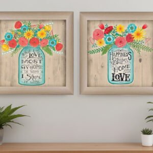 Set Of Two Mason Jar Floral Happiness at Home Brown Framed Print Wall Art
