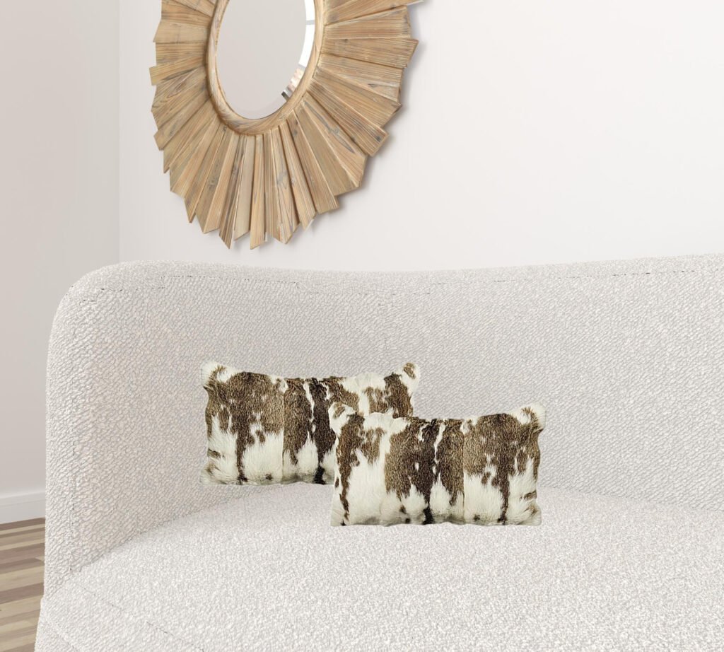 Set of Two 12″ X 20″ Brown and White Rabbit Natural Fur Throw Pillow