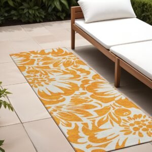 8' Runner Orange and White Floral Washable Non Skid Indoor Outdoor Runner Rug