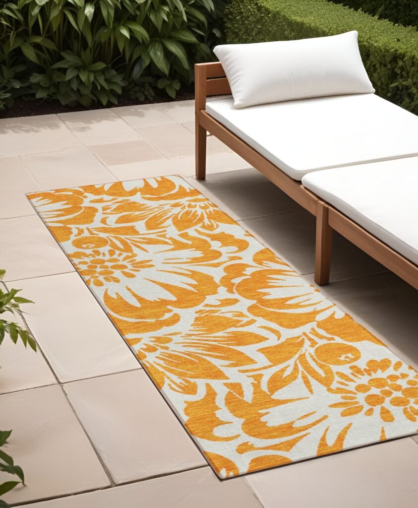 8′ Runner Orange and White Floral Washable Non Skid Indoor Outdoor Runner Rug