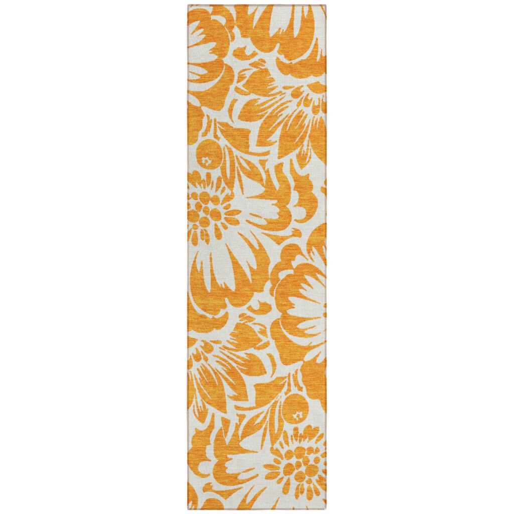 8′ Runner Orange and White Floral Washable Non Skid Indoor Outdoor Runner Rug
