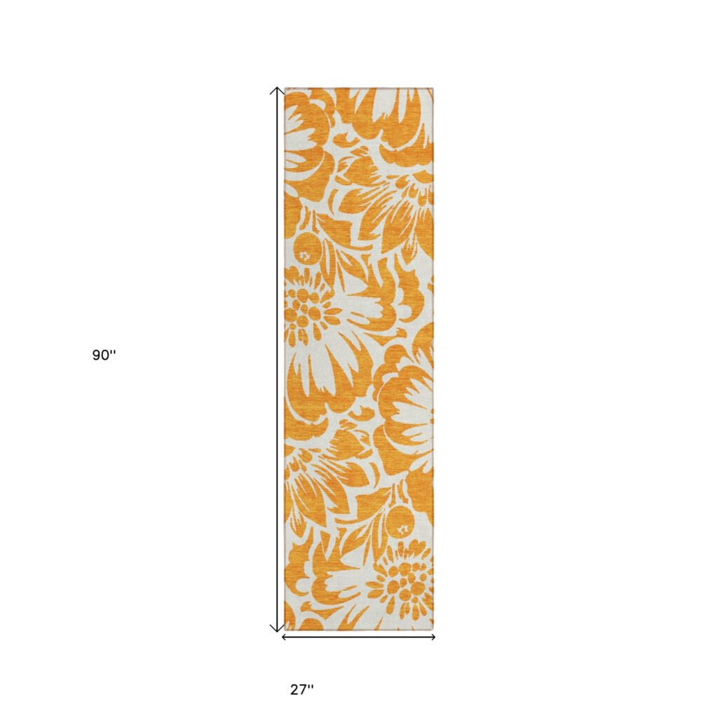 8′ Runner Orange and White Floral Washable Non Skid Indoor Outdoor Runner Rug