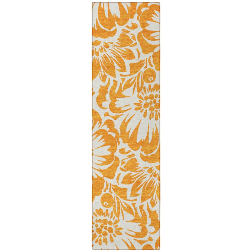 8′ Runner Orange and White Floral Washable Non Skid Indoor Outdoor Runner Rug