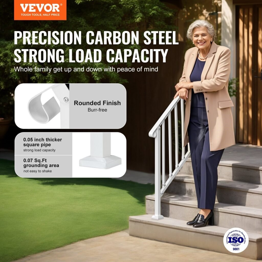 Handrails for Outdoor Steps, 3-4 Step Stair Hand Rail Kit, Transitional Carbon Steel Railings with Installation Kit, Stair Rails for Seniors, Concrete Steps & Porch & Deck, White Retro Arch