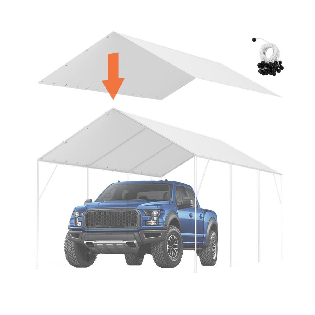10 x 20 ft Carport Replacement Canopy Cover, Garage Top Tent Shelter Tarp Heavy-Duty Waterproof & UV Protected, Easy Installation with 40 Ball Bungeess (Only Top Cover, Frame Not Include), White