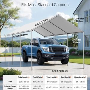 Carport Replacement Canopy, 10 x 20 ft Potable Garage Tent Top Tarp, UV-Resistant & Waterproof Car Shelter Tarp, Heavy Duty Car Port Cover with Ball Buggees, Grey, Frame Not Included