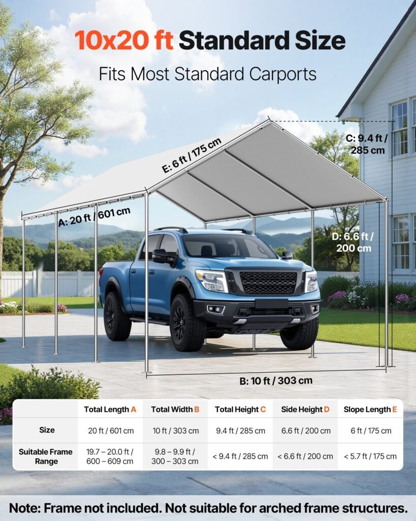Carport Replacement Canopy, 10 x 20 ft Potable Garage Tent Top Tarp, UV-Resistant & Waterproof Car Shelter Tarp, Heavy Duty Car Port Cover with Ball Buggees, Grey, Frame Not Included