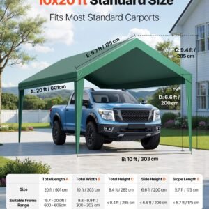 Carport Replacement Canopy, 10 x 20 ft Potable Garage Tent Top Tarp, UV-Resistant & Waterproof Car Shelter Tarp, Heavy Duty Car Port Cover with Ball Buggees, Dark Green, Frame Not Included