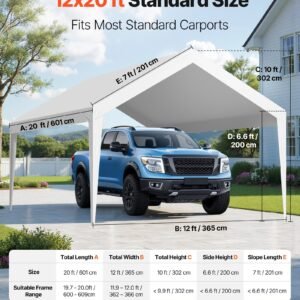 Carport Replacement Canopy, 12 x 20 ft Potable Garage Tent Top Tarp, UV-Resistant & Waterproof Car Shelter Tarp, Heavy Duty Car Port Cover with Ball Buggees, White, Frame Not Included