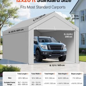 Carport Replacement Canopy, 12 x 20 ft Potable Garage Tent Top Tarp with Sidewalls, UV-Resistant & Waterproof, Heavy Duty Car Shelter Tarp with Ball Buggees, Grey, Frame Not Included