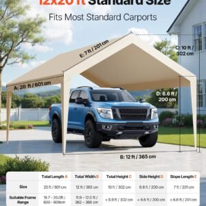 Carport Replacement Canopy, 12 x 20 ft Potable Garage Tent Top Tarp, UV-Resistant & Waterproof Car Shelter Tarp, Heavy Duty Car Port Cover with Ball Buggees, Beige, Frame Not Included