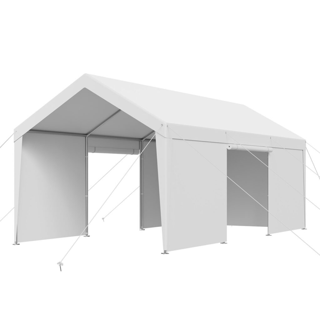 Carport, 12 x 20 FT Outdoor Car Canopy, Potable Carport with Removable Sidewalls & Door, Heavy Duty Car Shelter, UV-Resistant & Water-Resistant, All-Season Protection for Automobile Boat White