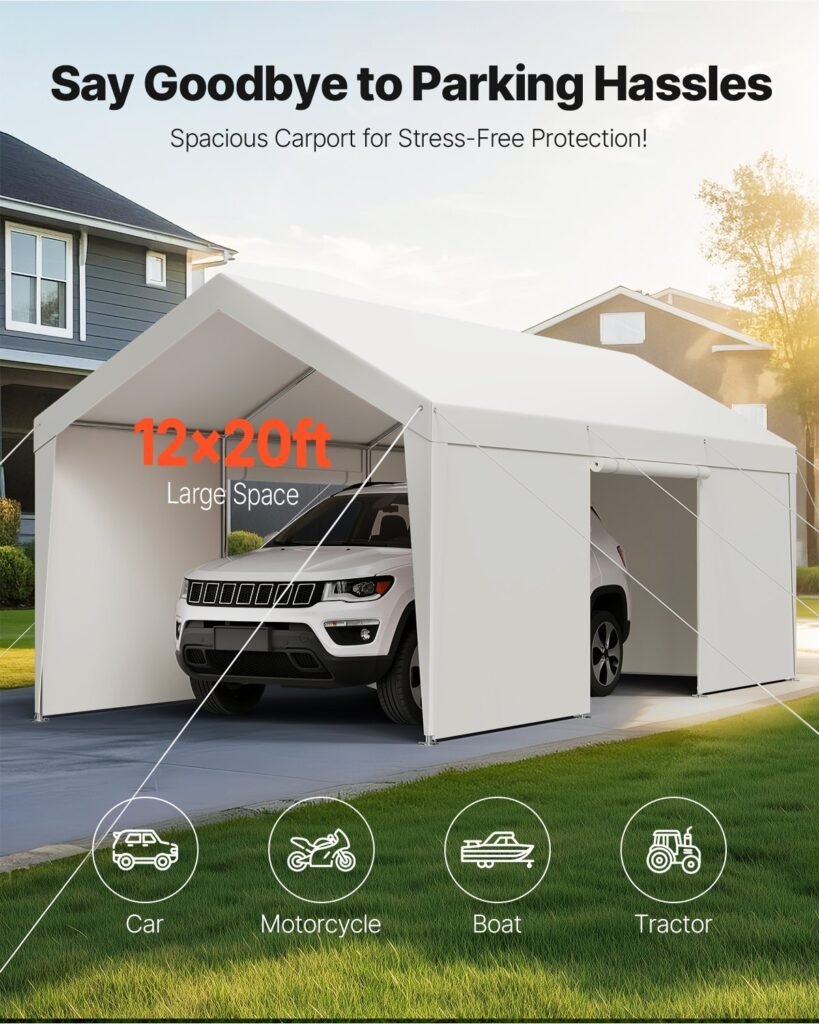 Carport, 12 x 20 FT Outdoor Car Canopy, Potable Carport with Removable Sidewalls & Door, Heavy Duty Car Shelter, UV-Resistant & Water-Resistant, All-Season Protection for Automobile Boat White