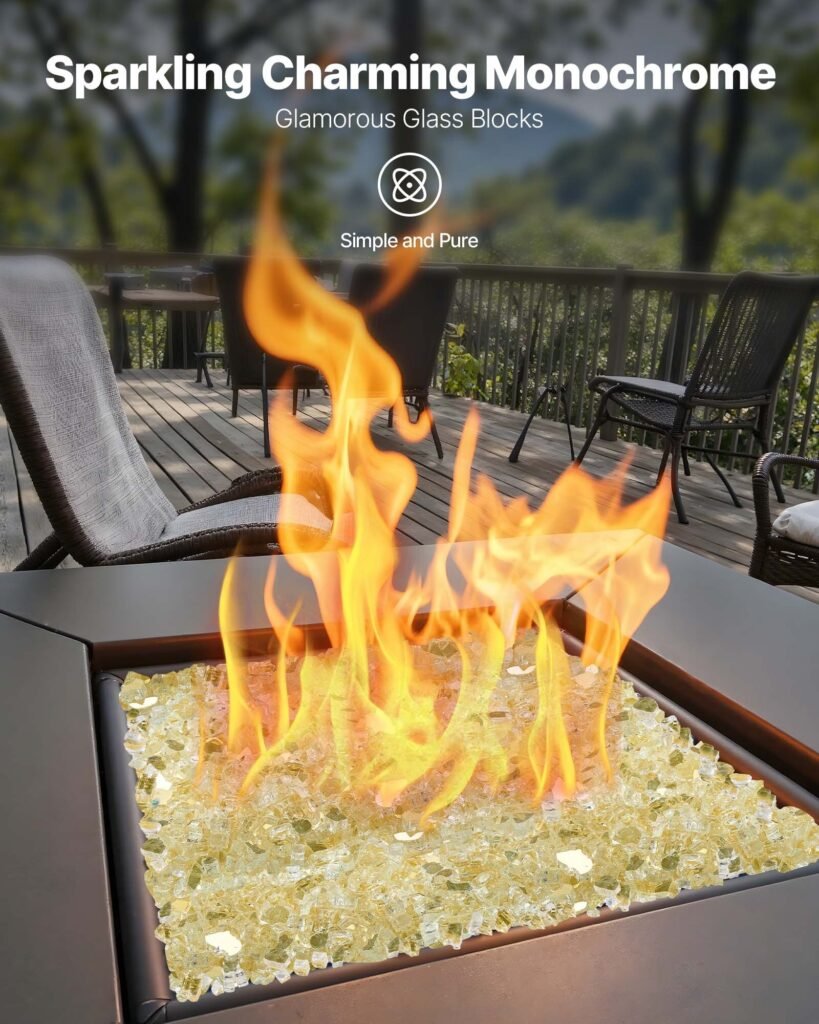 Fire Glass, 10 LBS / 4.5 KG High-Temperature Resistant Fireplace Rocks, 1/2-Inch / 12.7 mm Reflective & Smokeless Firepit Glass Rock, High Luster Stone Landscaping for Fire Pit Table, Gold