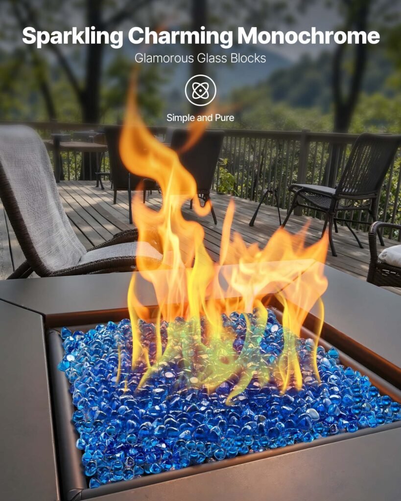 Fire Glass, 10LBS / 4.5KG High-Temperature Resistant Fireplace Rocks, 1 Inch / 25.4 mm Reflective Firepit Glass Diamond Beads, High Luster Stone Landscaping for Fire Pit Table, Caribbean Blue