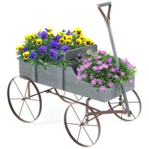 Wooden Wagon Plant Bed with Metal Wheels for Garden Yard Patio-Gray - Color: Gray