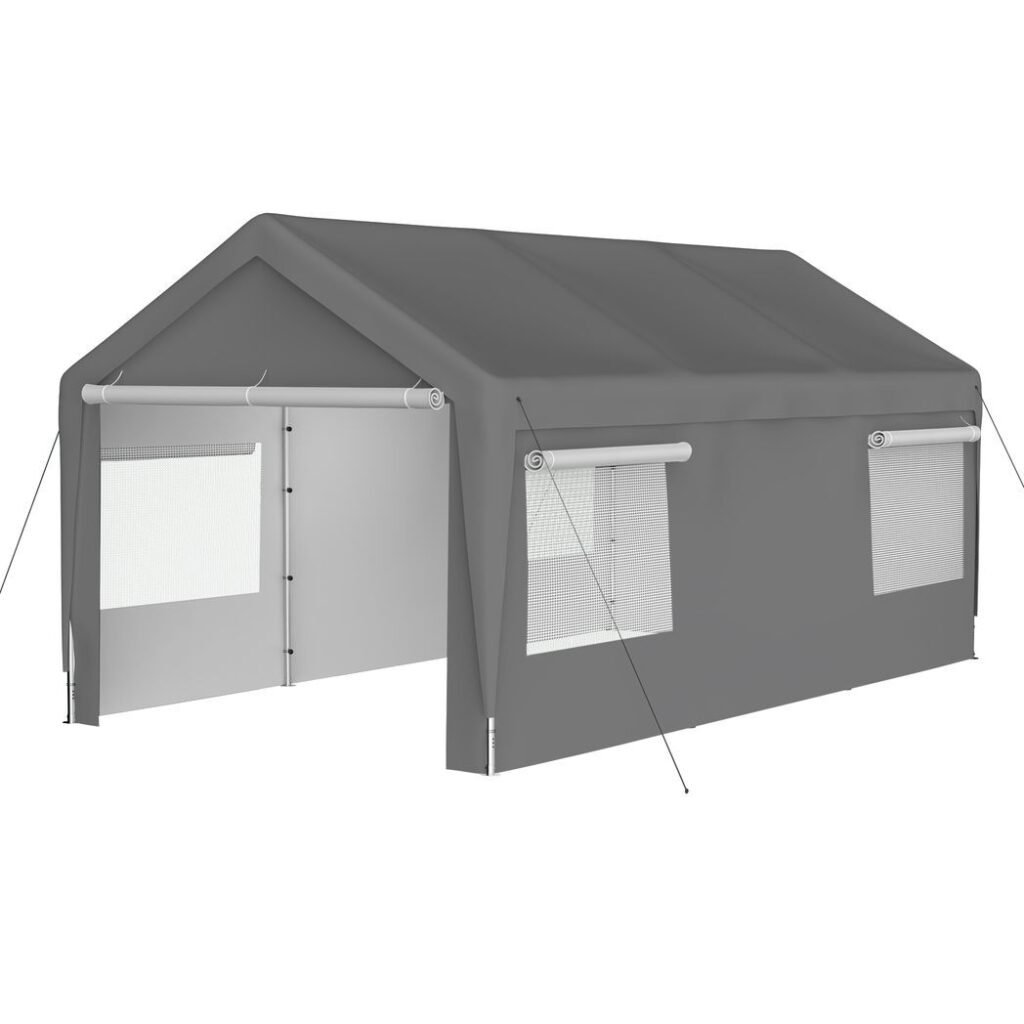 10×20 Heavy Duty Steel Canopy Tent with Roll-up Ventilated Windows, Garage Carport with Removable Sidewall & Doors, Gray
