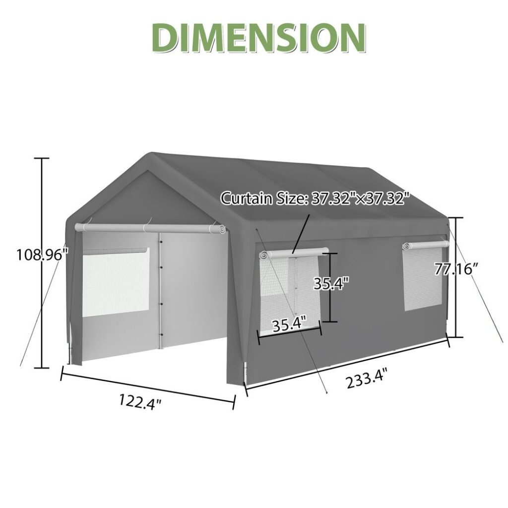 10×20 Heavy Duty Steel Canopy Tent with Roll-up Ventilated Windows, Garage Carport with Removable Sidewall & Doors, Gray