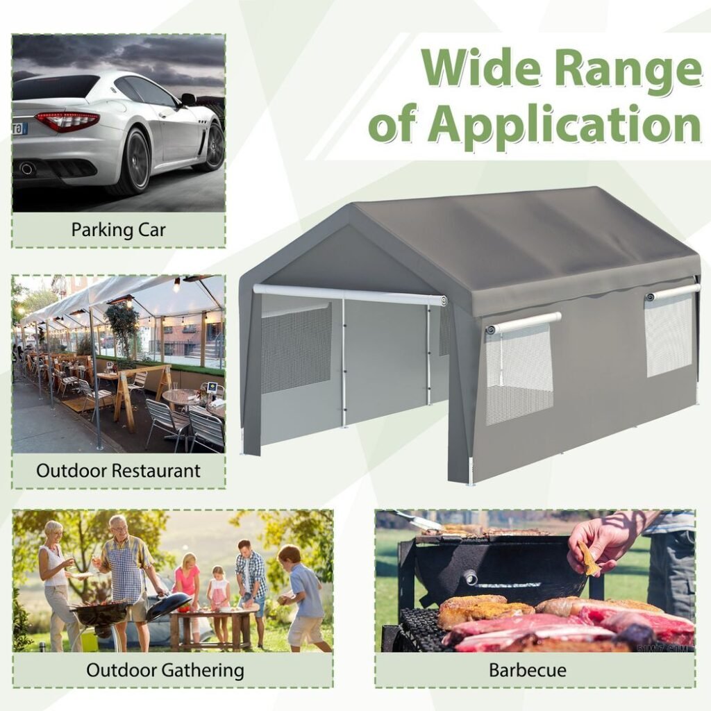 10×20 Heavy Duty Steel Canopy Tent with Roll-up Ventilated Windows, Garage Carport with Removable Sidewall & Doors, Gray