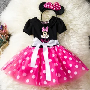 Color: Beige, Size: XL - Mickey Minnie Mouse Cartoon Kids Short Sleeve Polka Dot Princess Dress Party Baby Girls Clothes Cosplay Costumes 1-6Y