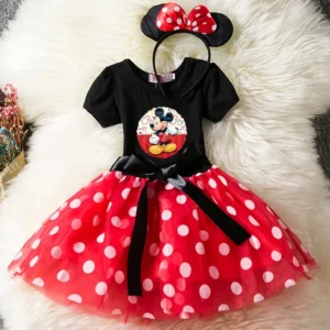 Color: Silver, Size: XS - Cartoon Mickey Minnie Mouse Kids Short Sleeve Polka Dot Princess Dress 1-6Y Party Baby Girls Clothes Cosplay Costumes