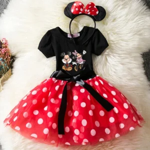 Color: CORAL RED, Size: XXS - Mickey Minnie Mouse Cartoon Kids Short Sleeve Polka Dot Princess Dress Party Baby Girls Clothes Cosplay Costumes 1-6Y