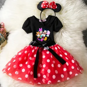 Color: WHITE, Size: XXS - Cartoon Mickey Minnie Mouse Kids Short Sleeve Polka Dot Princess Dress 1-6Y Party Baby Girls Clothes Cosplay Costumes