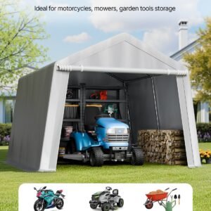 Outdoor Storage Shed, 10 x 10 ft Portable Storage Tent with Roll-up Door, Waterproof Canopy Shed Shelter, Heavy Duty Frame, Patio Garage Carport for Motorcycle, Lawn Mower, Bike, Grey