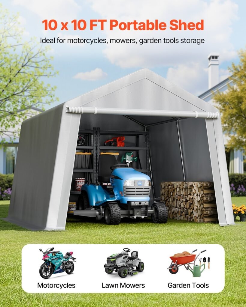 Outdoor Storage Shed, 10 x 10 ft Portable Storage Tent with Roll-up Door, Waterproof Canopy Shed Shelter, Heavy Duty Frame, Patio Garage Carport for Motorcycle, Lawn Mower, Bike, Grey