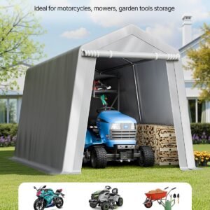 Outdoor Storage Shed, 7 x 12 ft Portable Storage Tent with Roll-up Door, Waterproof Canopy Shed Shelter, Heavy Duty Frame, Patio Garage Carport for Motorcycle, Lawn Mower, Bike, Grey