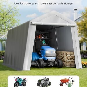 Outdoor Storage Shed, 8 x 14 ft Portable Storage Tent with Roll-up Door & Vents, Waterproof Canopy Shed Shelter, Heavy Duty Frame, Patio Garage Carport for Motorcycle, Lawn Mower, Bike, Grey