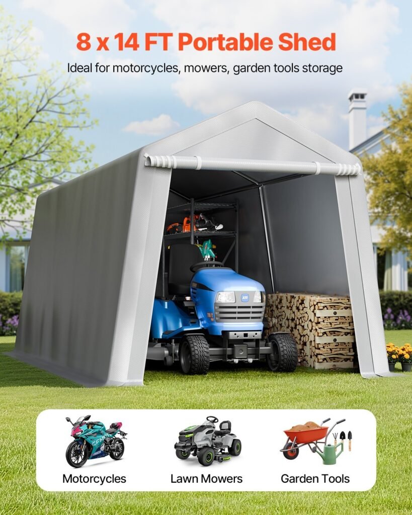 Outdoor Storage Shed, 8 x 14 ft Portable Storage Tent with Roll-up Door & Vents, Waterproof Canopy Shed Shelter, Heavy Duty Frame, Patio Garage Carport for Motorcycle, Lawn Mower, Bike, Grey