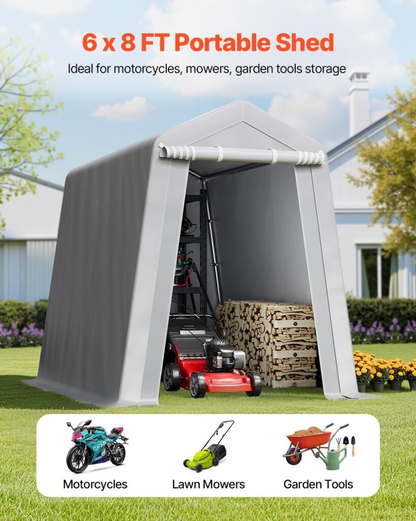Outdoor Storage Shed, 6 x 8 ft Portable Storage Tent with Roll-up Door & Vents, Waterproof Canopy Shed Shelter, Heavy Duty Frame, Patio Garage Carport for Motorcycle, Lawn Mower, Bike, Grey