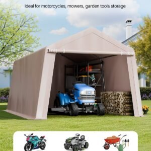Outdoor Storage Shed, 10 x 15 ft Portable Storage Tent with Roll-up Door, Waterproof Canopy Shed Shelter, Heavy Duty Frame, Patio Garage Carport for Motorcycle, Lawn Mower, Bike, Beige