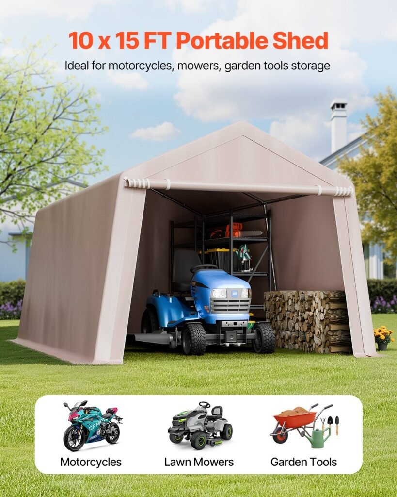 Outdoor Storage Shed, 10 x 15 ft Portable Storage Tent with Roll-up Door, Waterproof Canopy Shed Shelter, Heavy Duty Frame, Patio Garage Carport for Motorcycle, Lawn Mower, Bike, Beige
