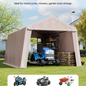 Outdoor Storage Shed, 10 x 15 ft Portable Storage Tent with 2 Roll-up Doors & Vents, Waterproof Canopy Shed Shelter, Heavy Duty Frame, Patio Garage Carport for Motorcycle Lawn Mower, Beige