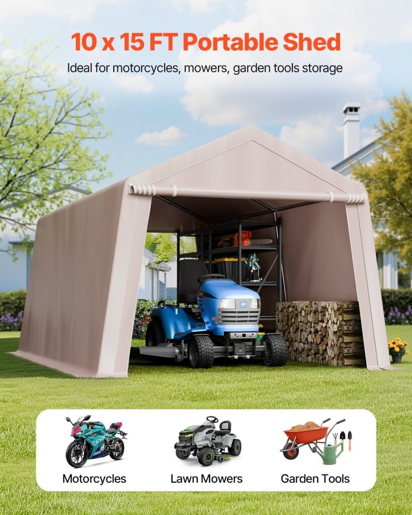 Outdoor Storage Shed, 10 x 15 ft Portable Storage Tent with 2 Roll-up Doors & Vents, Waterproof Canopy Shed Shelter, Heavy Duty Frame, Patio Garage Carport for Motorcycle Lawn Mower, Beige