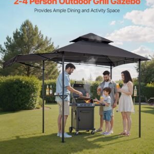 Grill Gazebo, 8 x 5 ft Double-Tiered Top, BBQ Gazebo with Extra Awning, Powder-Coated Steel Patio Grill Shelter with 2 Side Shelves, Bottle Opener & Hooks, Outdoor Grilling Canopy for Garden