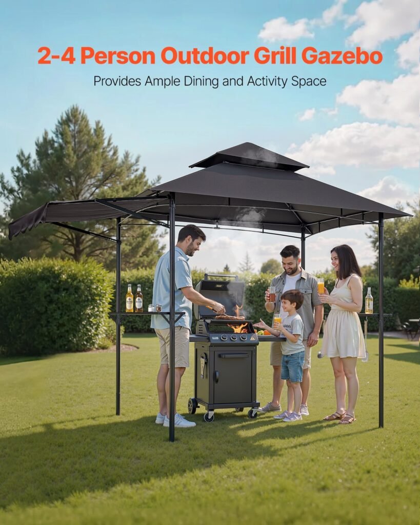 Grill Gazebo, 8 x 5 ft Double-Tiered Top, BBQ Gazebo with Extra Awning, Powder-Coated Steel Patio Grill Shelter with 2 Side Shelves, Bottle Opener & Hooks, Outdoor Grilling Canopy for Garden