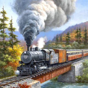 Painting size: 60x75cm, Painting style: Round - Forest Crossing Train Diamond Painting