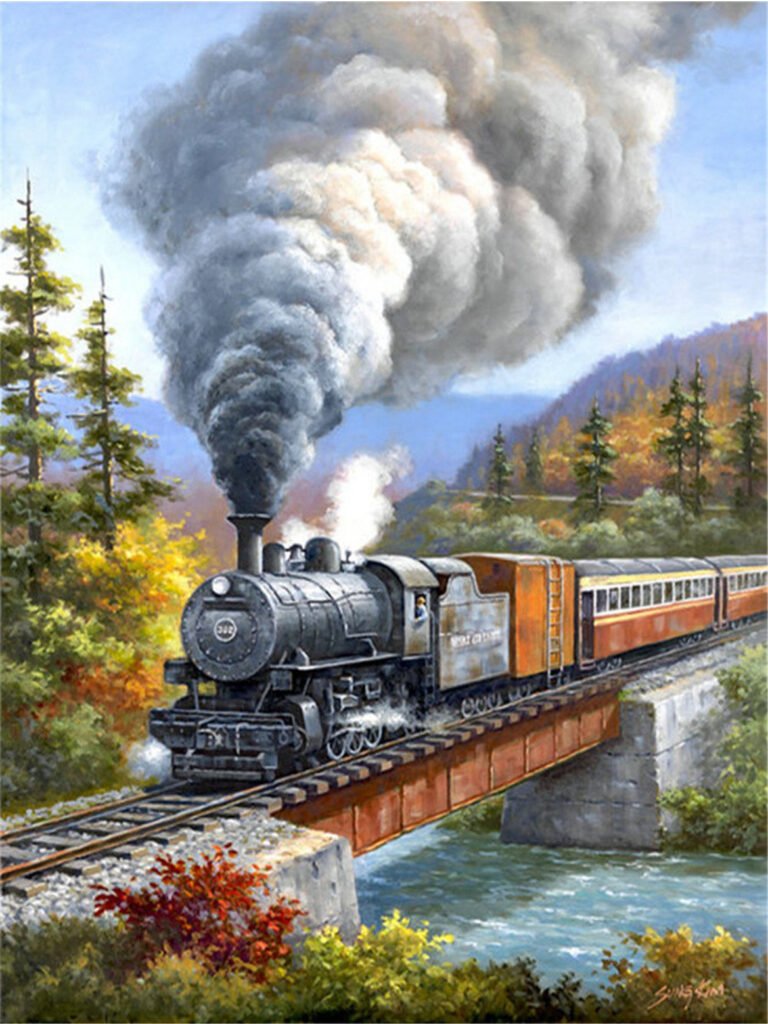 Painting size: 60x75cm, Painting style: Round – Forest Crossing Train Diamond Painting