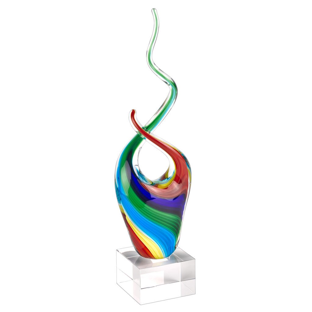 14″ Clear Red Blue Yellow Murano Glass Modern Abstract Tabletop Sculpture