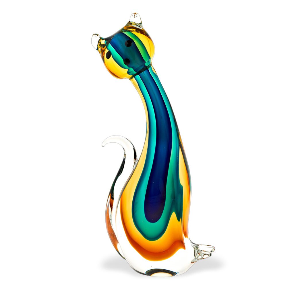 12″ Clear Yellow Green Black Murano Glass Cat Figurine Tabletop Sculpture