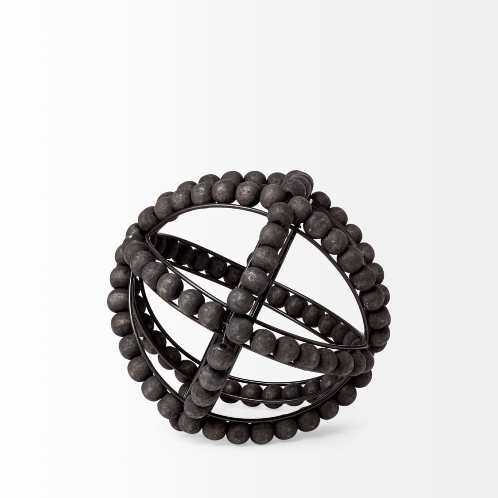 9″ Black Wooden Bead And Metal Orb Sculpture