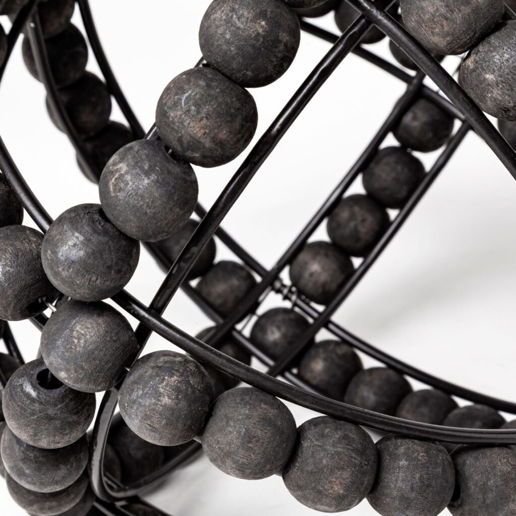 9″ Black Wooden Bead And Metal Orb Sculpture
