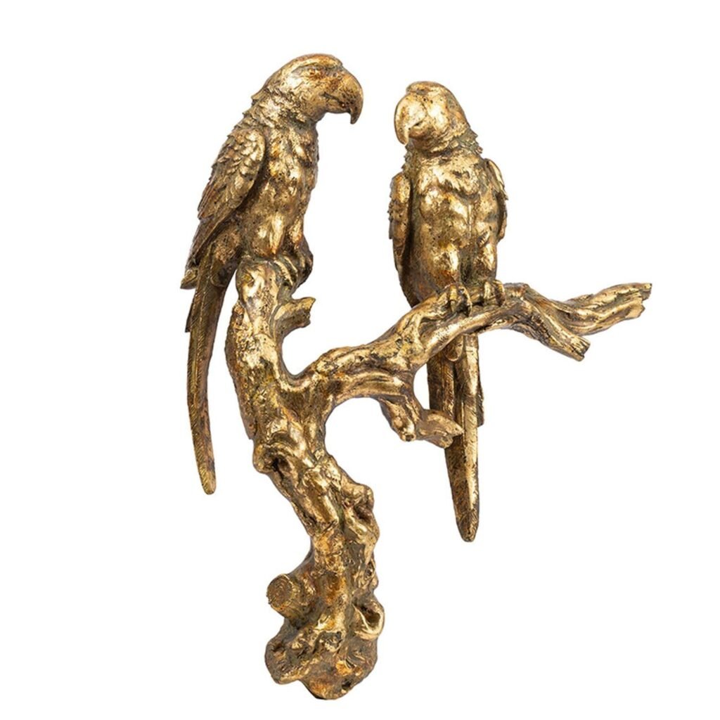 13″ Antiqued Gold Parrots Sculpture