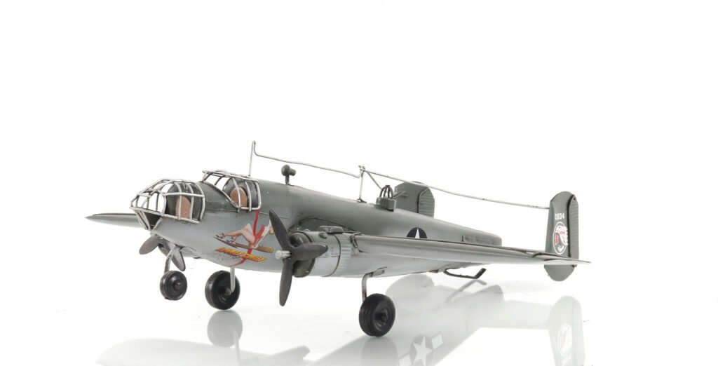 4″ Gray and White Metal c1941 North American B-25 Mitchell Bomber Hand Painted Airplane Sculpture