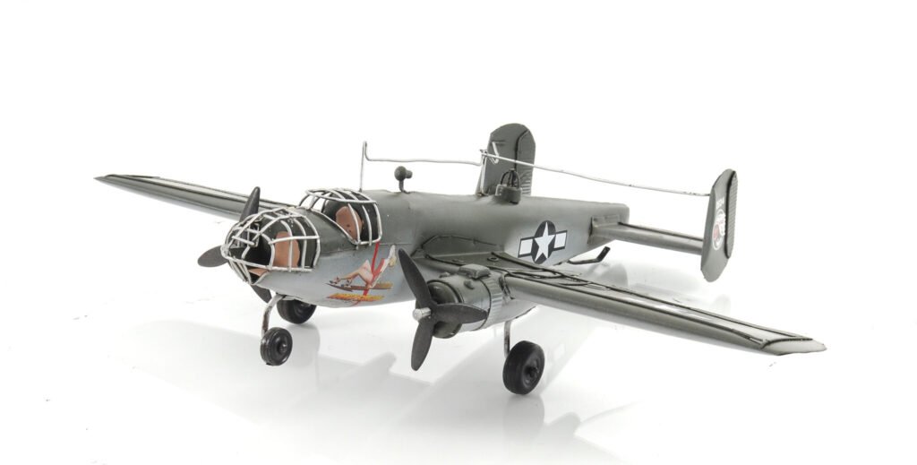 4″ Gray and White Metal c1941 North American B-25 Mitchell Bomber Hand Painted Airplane Sculpture